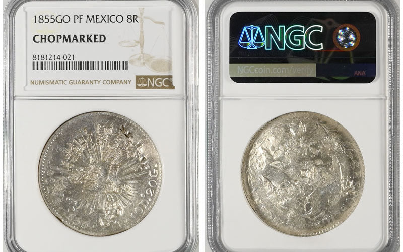 México 8 Reales 1855 Guanajuato PF resellos orientales