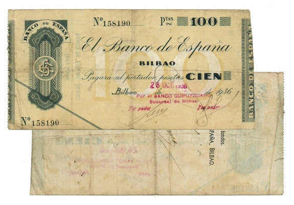 Banco de España Bilbao 100 Pesetas 28 de Octubre 1936 Antefirma Banco Guipuzcoano MBC