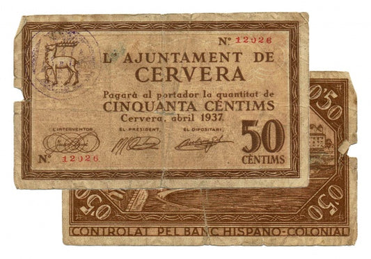 Cervera (Lérida) 50 Céntimos Abril 1937 BC-