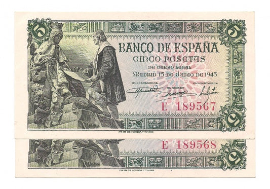 Estado Español 5 Pesetas Pareja correlativa 15 junio 1945 Serie E EBC+