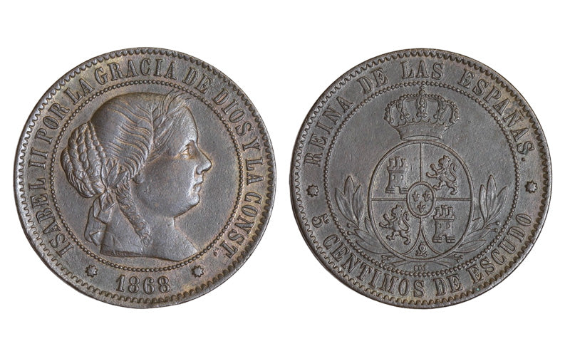 Isabel II (1833-1868) 5 Céntimos de Escudo 1868 Barcelona EBC/ MBC+