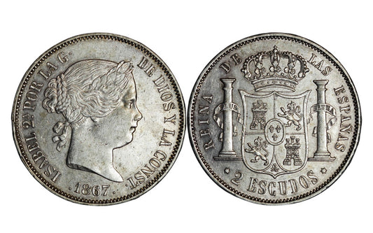 Isabel II 2 Escudos 1867 Madrid EBC-/ EBC