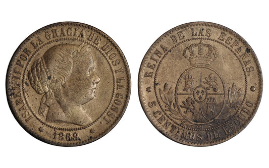 Isabel II 5 Céntimos de Escudo 1868 Barcelona MBC-EBC