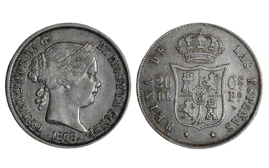 Isabel II 20 Centavos de Peso 1868 Manila MBC+