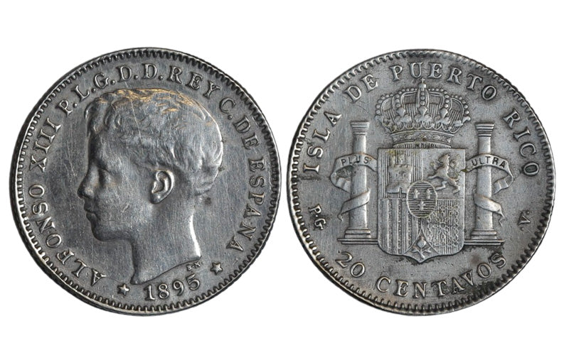 Alfonso XIII 20 Centavos de Peso 1895 Puerto Rico limp. MBC