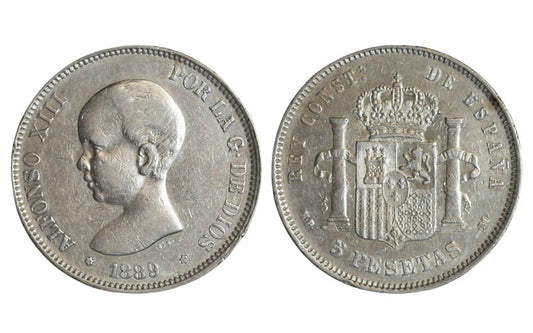 Alfonso XIII 5 Pesetas 1889*18-89 MBC+/MBC-EBC