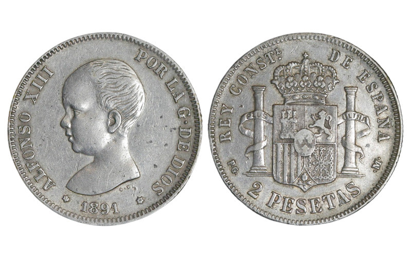 Alfonso XIII 2 Pesetas 1891*18&#8211;1 MBC+/MBC