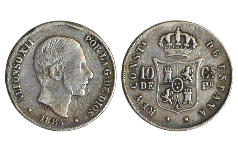 Alfonso XII 10 Centavos de Peso 1884 Golpec. MBC-