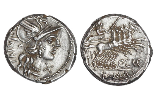 C. Curatius Trigeminus Denario 142 a.C. Roma EBC