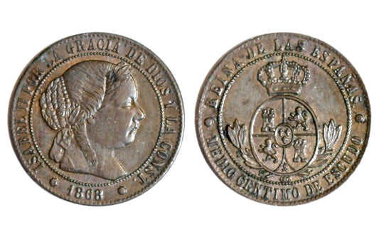 Isabel II 1/2 Céntimo de Escudo 1868 Barcelona EBC