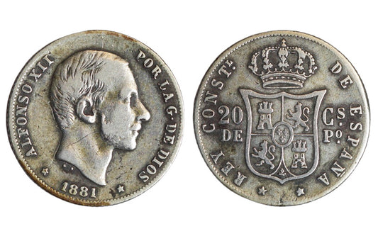 Alfonso XII 20 Centavos 1881 Manila BC