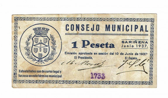 Sariñena (Huesca) 1 Peseta 1937 MBC+