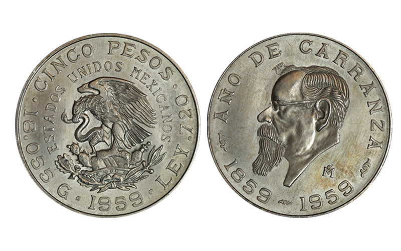 México 5 pesos 1959 Centenario nacimiento Carranza EBC-